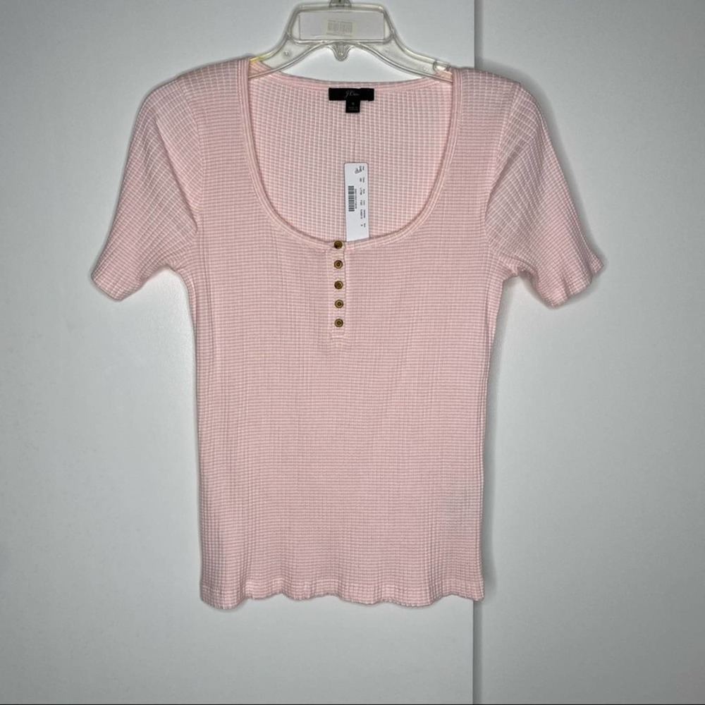 J. Crew Frieda Henley Scoop Neck Lettuce Hem Slim Fit Ribbed Tee Pink Small